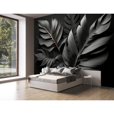 Black Tropical Leaf Wall Mural Luxury Botanical Foliage Wallpaper