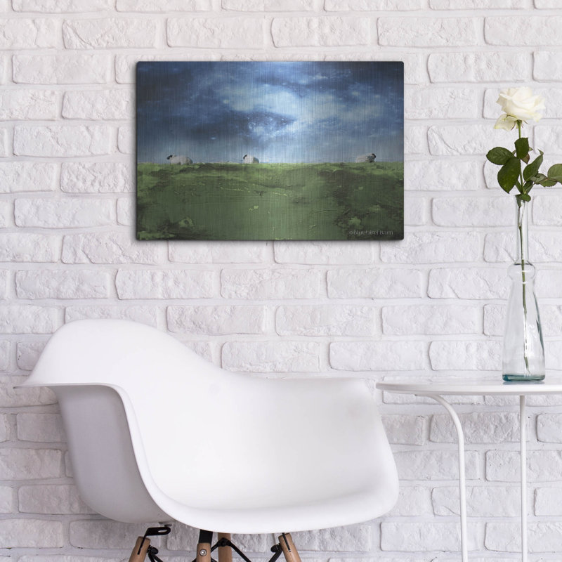 «Distant Hillside Sheep» par Night »par Bluebird Barn, art mural en métal, H 16 po x l 24 po