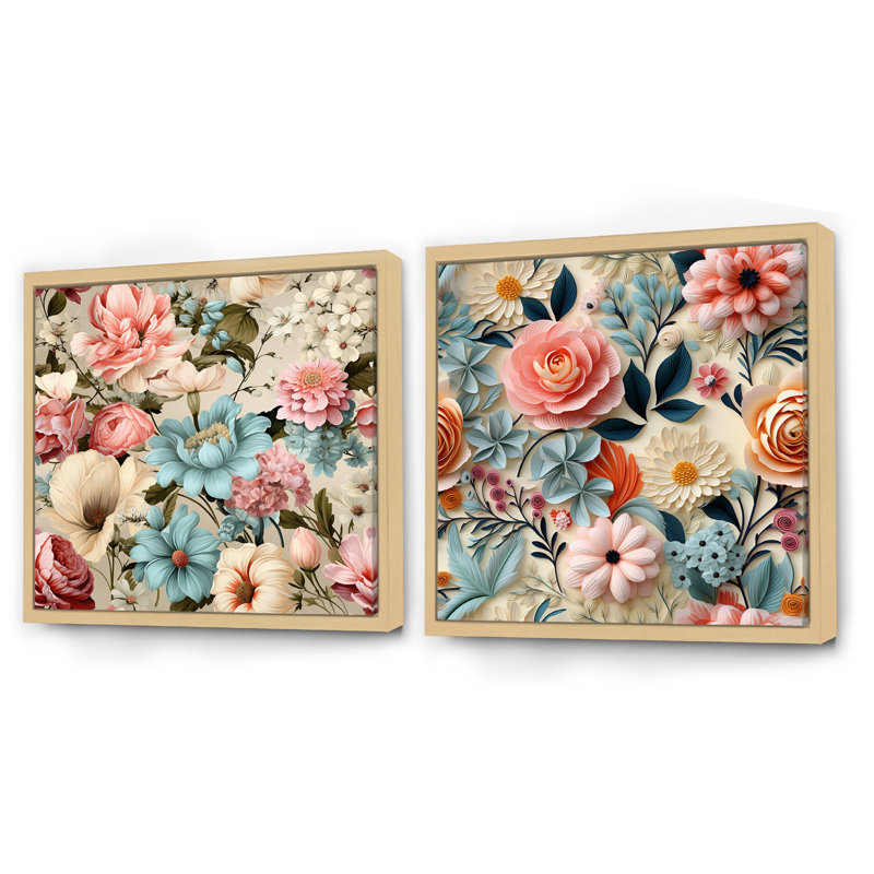 Pastel Shades Garden Delight - Ensemble de 2 collages floraux carrés, Cadre flottant brun, H 30 po x l 61 po