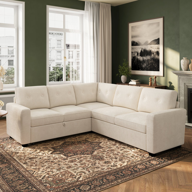Abramson 83.4in L-Shaped Corduroy Sectional Pull-Out Sofa Bed, Beige Corduroy