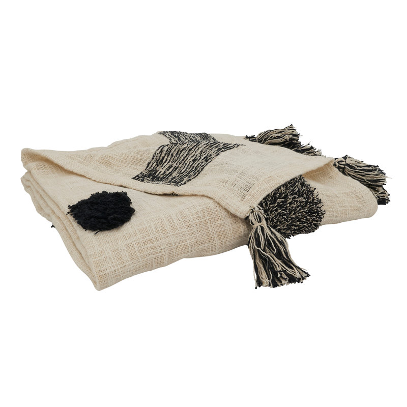 Black and White Cotton Tufted Dot Throw Blanket with Tassels
