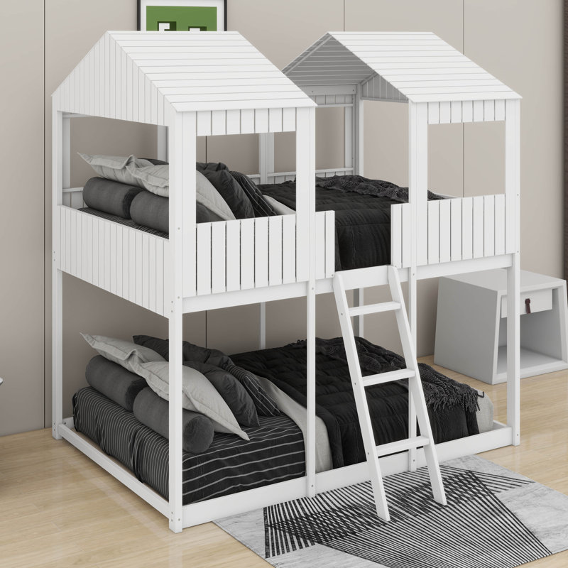 Full Over Full Wood Bunk Bed With Roof,Window, Guardrail, Ladder, White