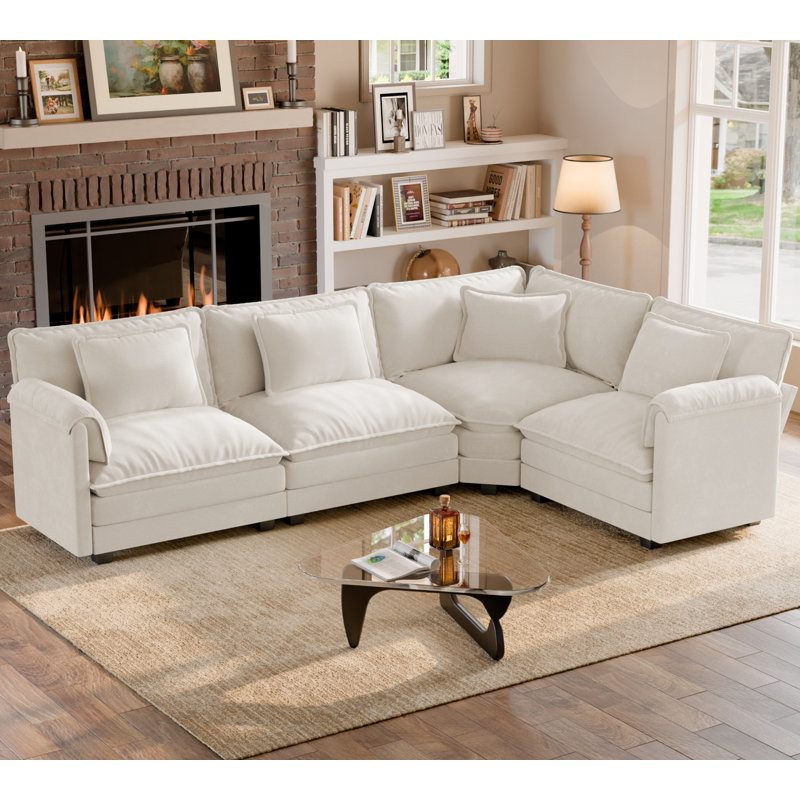 L Shaped Upholstered Boneless Corner Modular Sectional Sofa Cloud Couch - Chenille Fabric, Beige Chenille