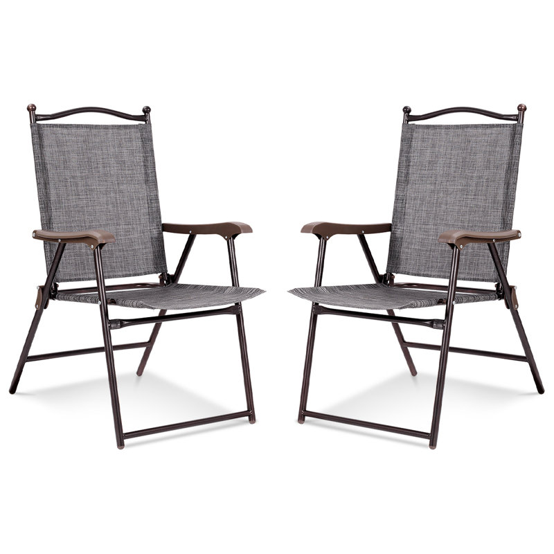 Set Of 2 Patio Folding Sling Back Camping Deck Chairs, Gray