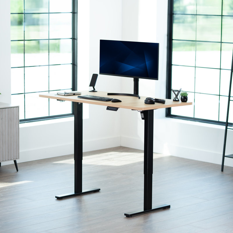 VIVO Single Motor Electric Desk with Push Button Memory Controller, 48.5" H x 60" W x 24" D, Light Wood/Black