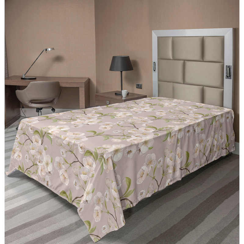 Ambesonne Flowers Flat Sheet Nostalgia Farmhouse, Pale Mustard Green Beige