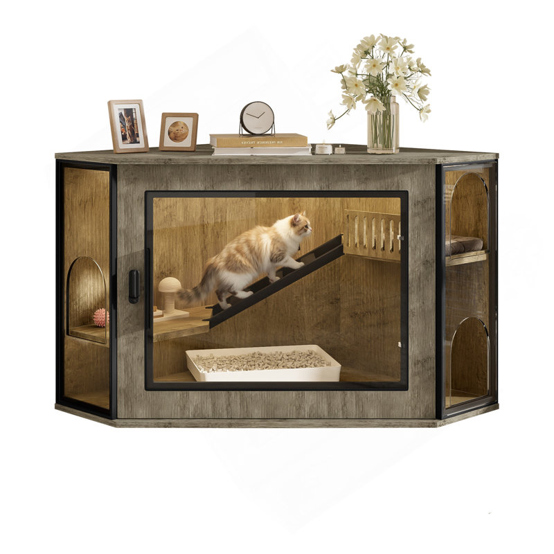 Enceinte de lit de coin 48 ", armoire de coin moderne cachée avec porte en acrylique et lumière DEL, chatière avec aire de jeux et escalier, gris