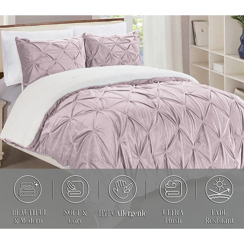 Mocassi Pintuck Sherpa Geometric Shapes Comforter, California King Comforter + 2 King Shams, Dusty Rose