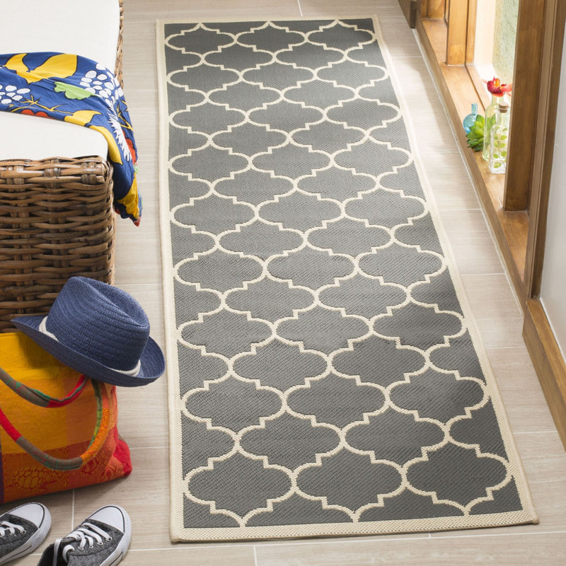 Arneshia Power Loom Geometric Gray/Beige Indoor/Outdoor Area Rug, Runner 2'3" x 12'