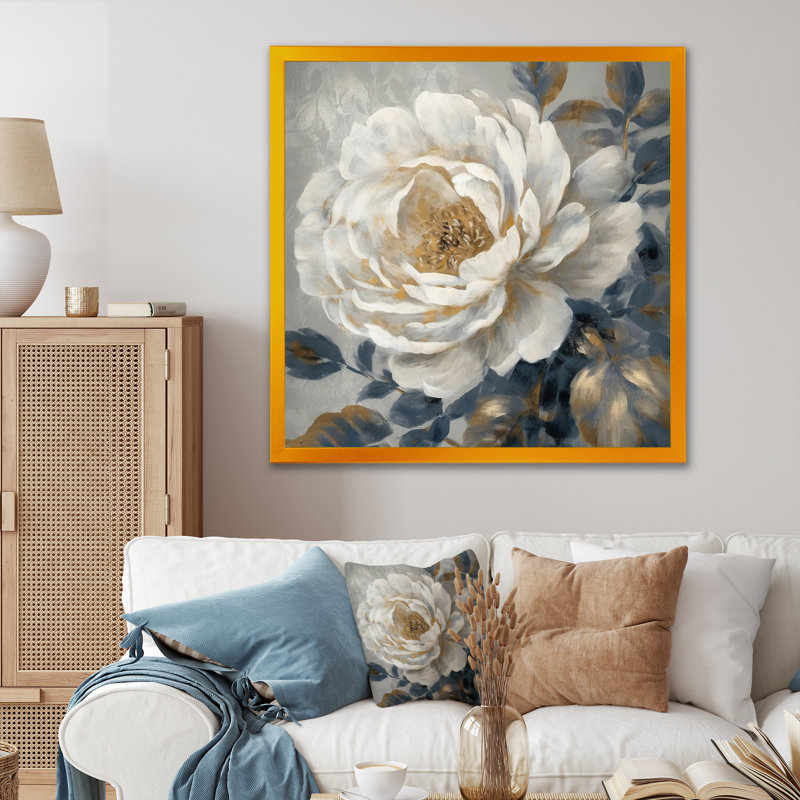 «Emotion Of White Blue Peony Flower II», reproduction d'art sur toile, H 16 po x l 16 po x P 1 po, Encadrement doré