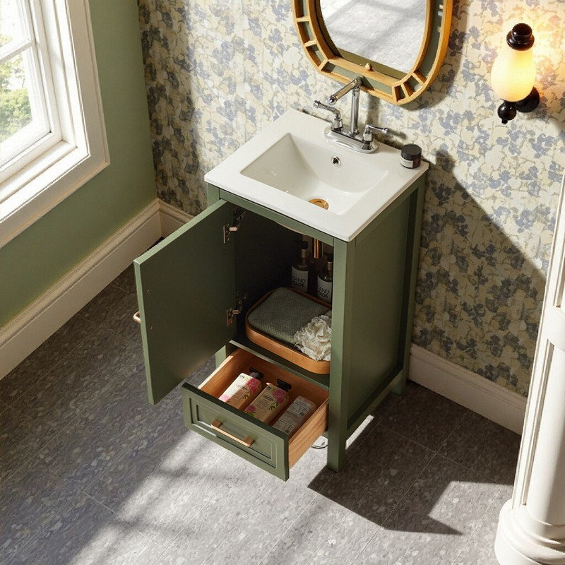Meuble-lavabo autoportant en bois massif de 18 po avec comptoir entièrement assemblé, Vert