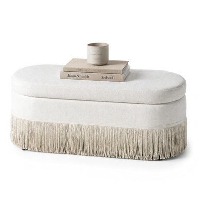 39.4" Oval Upholstered Storage Ottoman with Fringe Trim, Lift Top Storage Bench with Hidden Compartment for Bedroom & Entryway