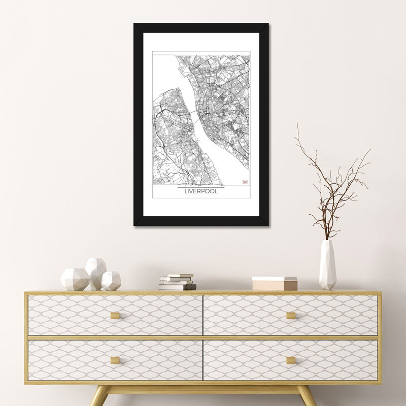 « liverpool minimal urban blueprint map », impression sur toile, H 24 po x l 16 po x P 1 po, Papier avec cadre noir, Blanc