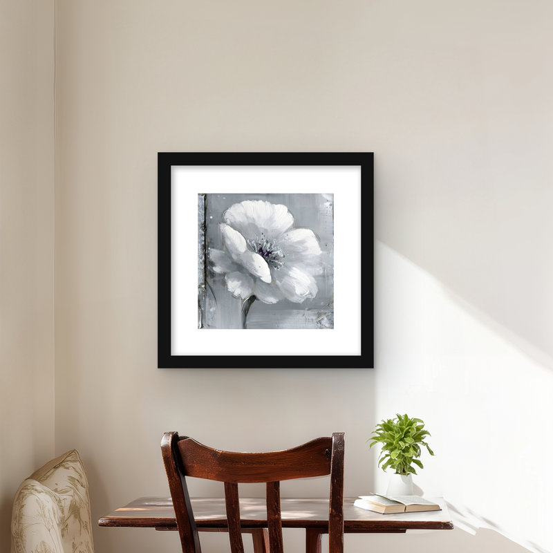 Fleurs grises et blanches - reproduction encadrée moderne pour la décoration intérieure, H 16 po x l 16 po