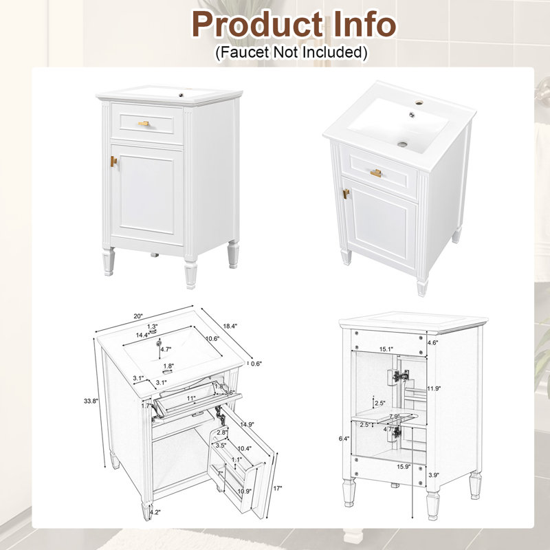20" Bathroom Vanity With Sink, Solid Wood Legs,tilt-out Drawer,freestanding Cabinet For Small Bathroom, White