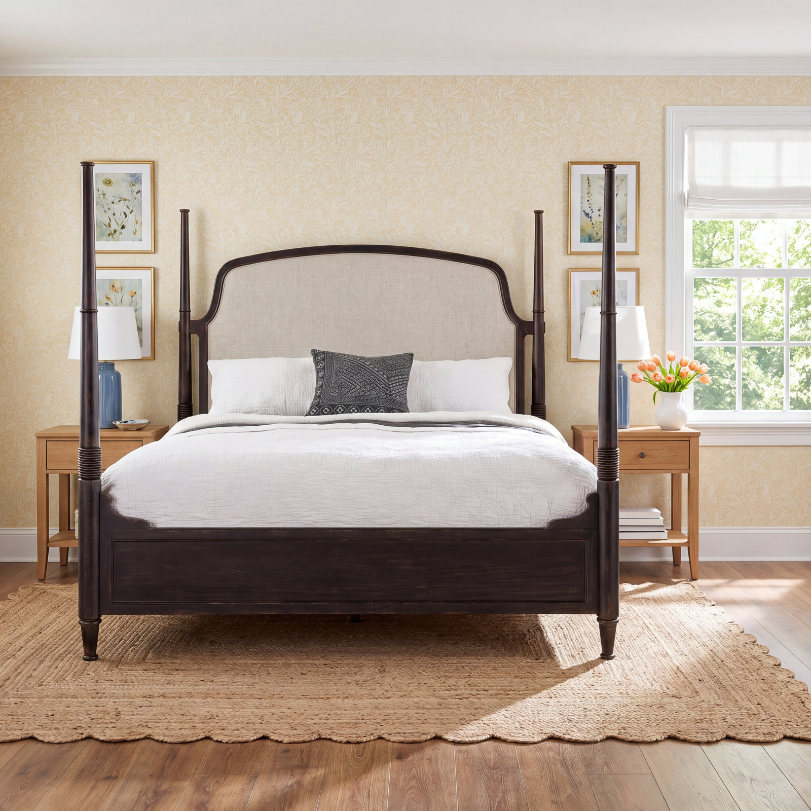 Alcy Upholstered Four Poster Bed, King, Black/Beige