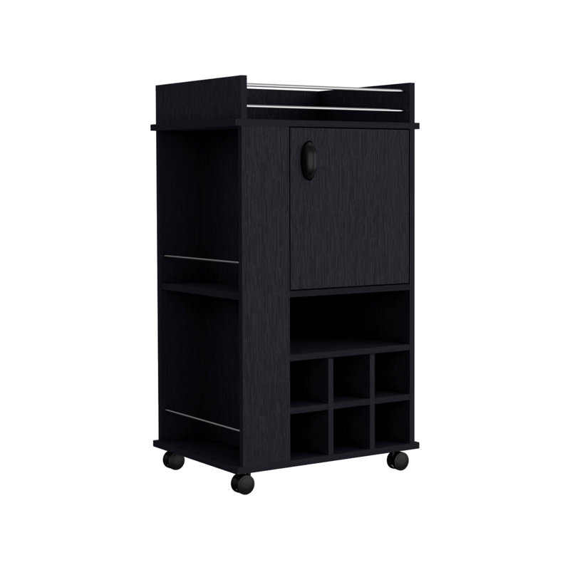 Chariot-bar avec armoire Fargo, 6 porte-bouteilles et roulettes intégrés, Noir