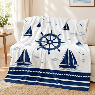 1 pièce de couverture en molleton à motif de voilier et de roue de bateau - double face; confortable, chaude, légère, lavable à la machine, parfaite pour le canapé, le lit, le salon, la chambre à coucher, les activités de plein air, un excellent choix de cadeau. Literie