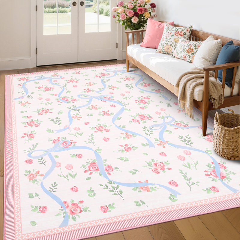 Washable Area Rug Bow Décor, Rectangle 8' x 10', Pink/Blue