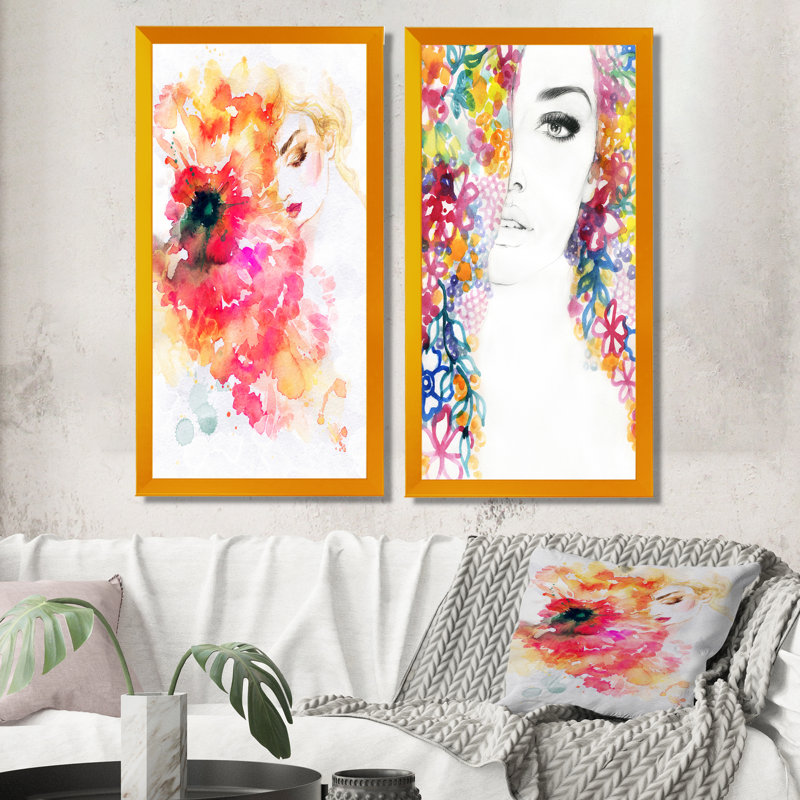 «Floral Woman Portrait III», ensemble de 2 peintures sur toiles, H 20 po x l 24 po x P 1 po, Cadre photo doré