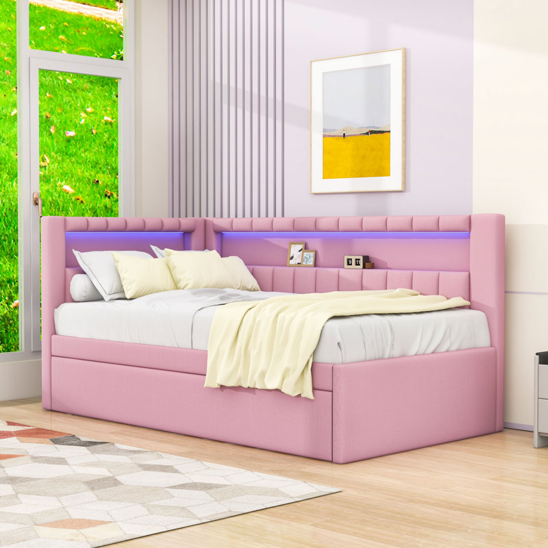 Suraiya Twin Size Upholstered Daybed with USB Ports and LED Belt With Twin Trundle, Pink