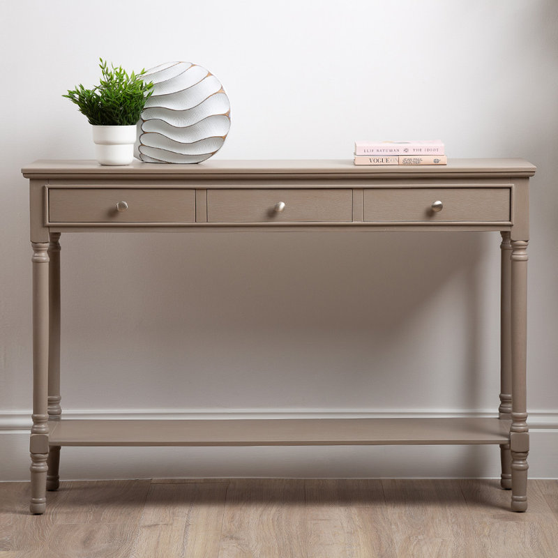 3 Drawer Console Table for Hallway & Living Room Furniture, Slim Entry Hall Table Cabinet, 81 H x 120 W x 35 D cm, Taupe