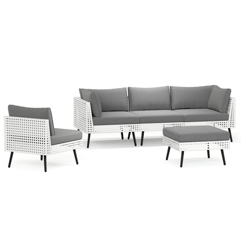 4 - Person PE Wicker Sectional Conversation Set With Cushions, 5 Pcs: 2 Armless, 2 Corner Chairs, Table