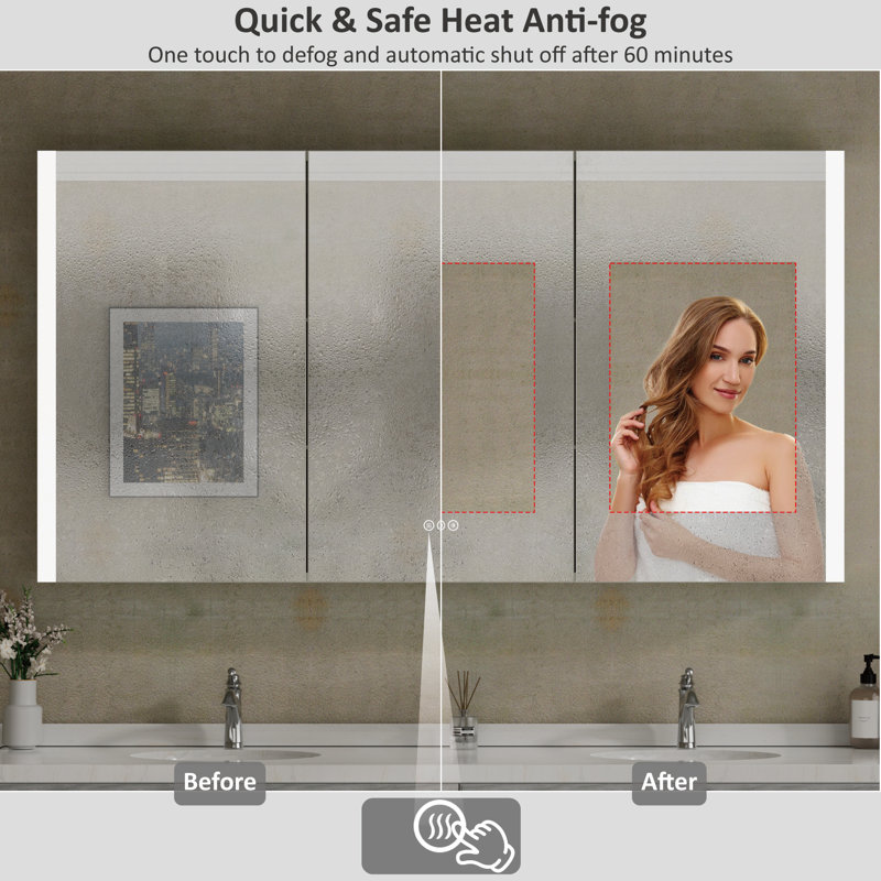 54" W x 32" H Jayland Rectangular Silver Aluminum Frame Recessed/Surface Mount Medicine Cabinet with Anti-Fog Mirrors, 3 Color Temperatures Dimmable Lights and Adjustable Glass Shelves for Makeup, Shaving or Bathroom Vanity Storage