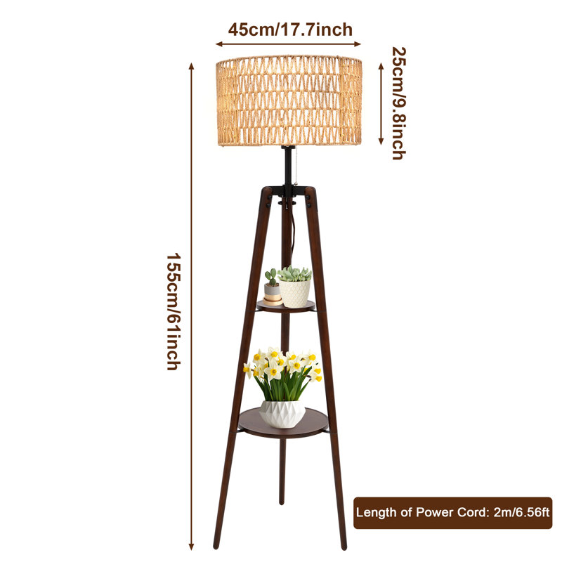 Asriel Tripod Floor Lamp with Rattan Linen Dual Lampshades & Remote Control