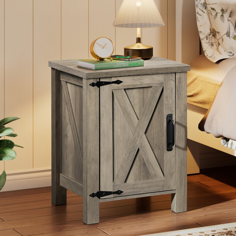 Adaija 18''W Wood Nightstand with Charging Station, USB Ports and AC Outlets, Vintage Night Stand with Barn Door and 3-Level Adjustable Shelve, Rustic End Table with Storage for Bedroom and Living Room
