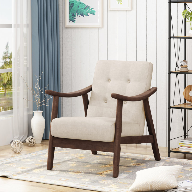 Chaise de style Mid-Century moderne avec revêtement beige et structure d'appoint brun, Beige