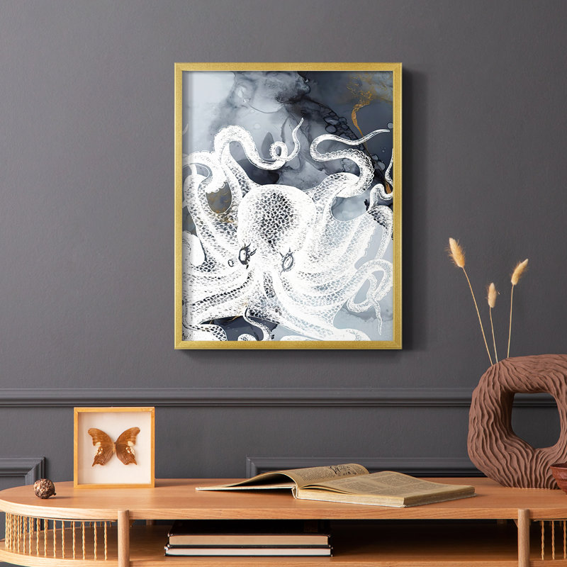 «Octopus Ink II», reproduction encadrée - bois massif, Or, H 10 po x l 8 po
