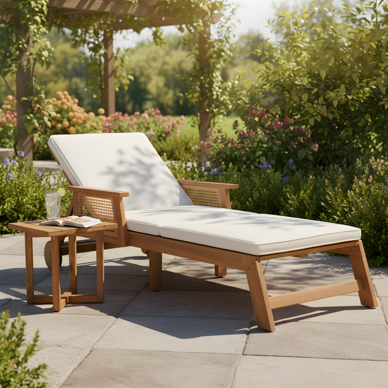 Tilson Patio 2-Piece Acacia Wood Chaise Lounge With Wicker Panels & Cross-Stretcher Side Table Set, 1