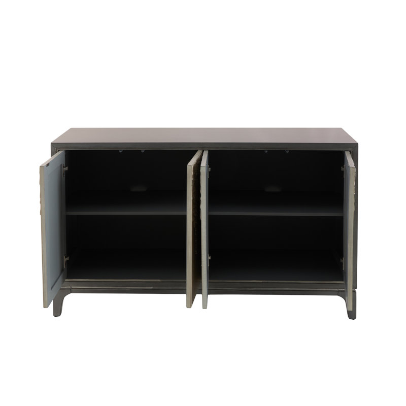 Wooden Relief 4 Door Floral Gray Media Credenza Sideboard With Cream Front Doors And Cascading Leaf Design