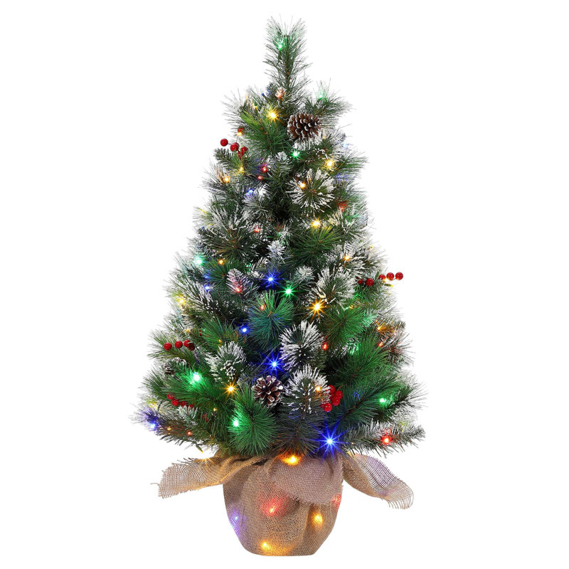 3Ft Pre-Lit Artificial Mini Christmas Tree With Multicolor Led Lights & Bag Potted Base, Battery Operated Snow Flocked Tree