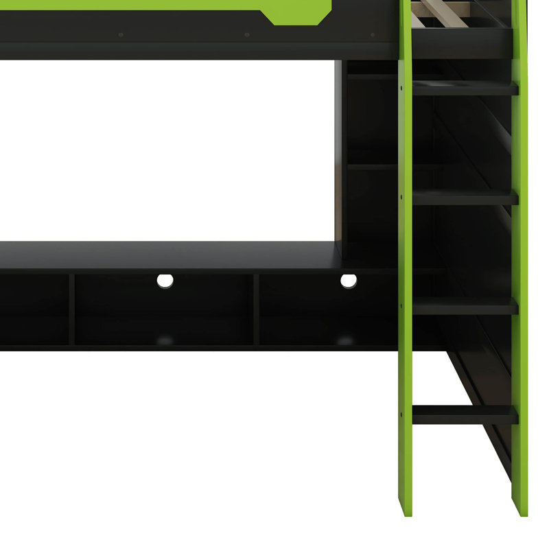 Lit mezzanine double pleine grandeur avec bureau, tablettes multiples et lumière RVB, Green