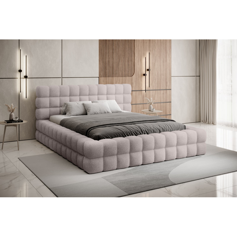 Monzerat Upholstered Bed with Mattress, Pink, European Double (140 x 200cm)