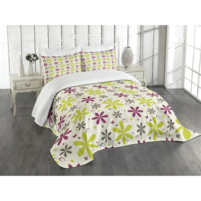 Ambesonne Floral Bedspread Set Florets Circle Hoop Apple Green Dark Taupe