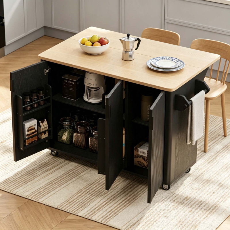 Fluted Cabinet Rolling Kitchen Island with Drop Leaf Top, Adjustable Interior Shelves & Convertible Feet Design, Black