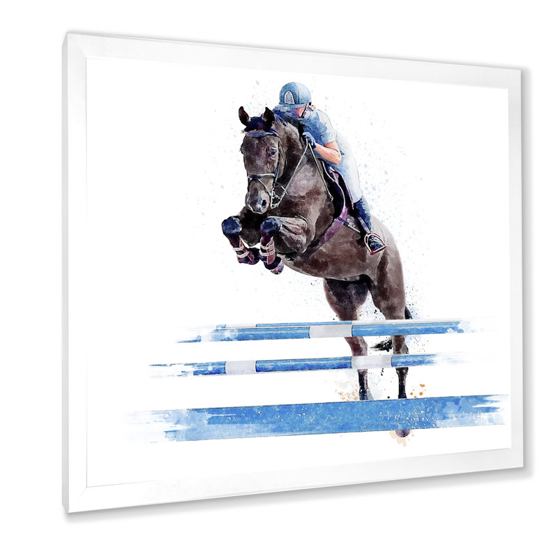«Jockey» sautant sur un cheval noir - œuvre d'art sur toile, H 36 po x l 36 po x P 1,5 po, Cadre photo blanc