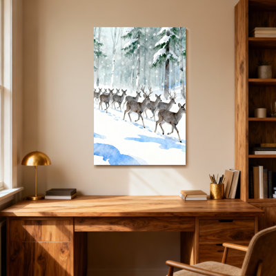 Animals Winter Forest Deer Herd Snowfall Scene