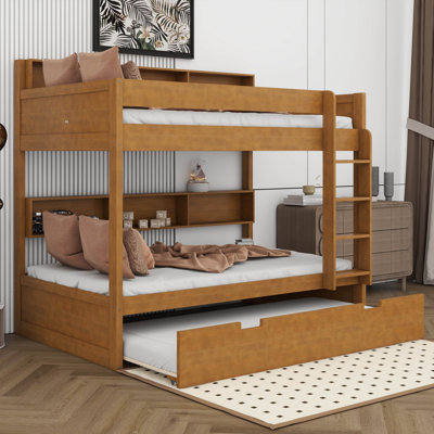 Bunk Bed With Storage & Trundle, Space-Saving Wooden Bunk Bed Frame With Bedside Shelves