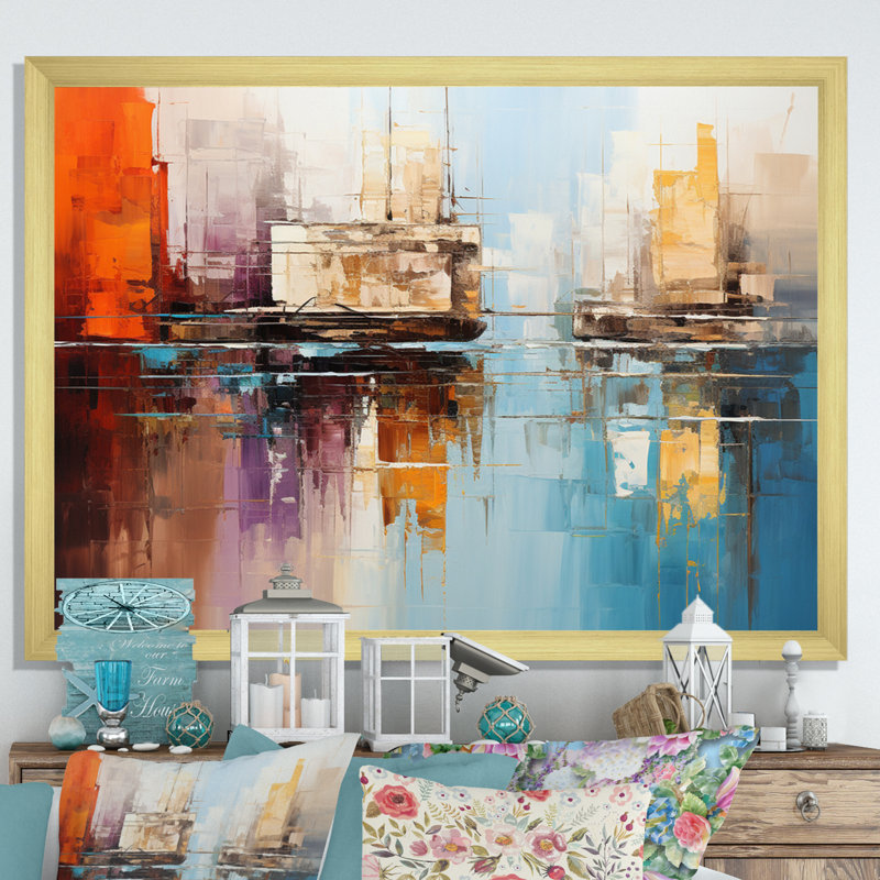 " Teal Canal Abstract Reflections Bold ", Gold Picture Framed, 16" H x 32" W x 1" D