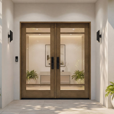 G10302-SW-80 | 80" Double Door, RTA Prehung Exterior, SDL 3 Lite, Unfinished Mahogany Wood