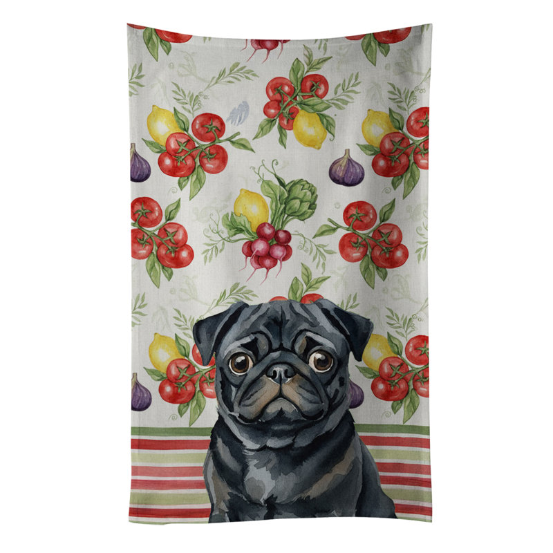 Black Pug Vegetables Kitchen Towel, Black Pug