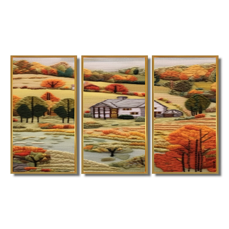 «White Farmhouse Green Autumn Landscape», ensemble d'art mural de ferme, Cadre flottant doré, H 32 po x l 48 po x P 1 po