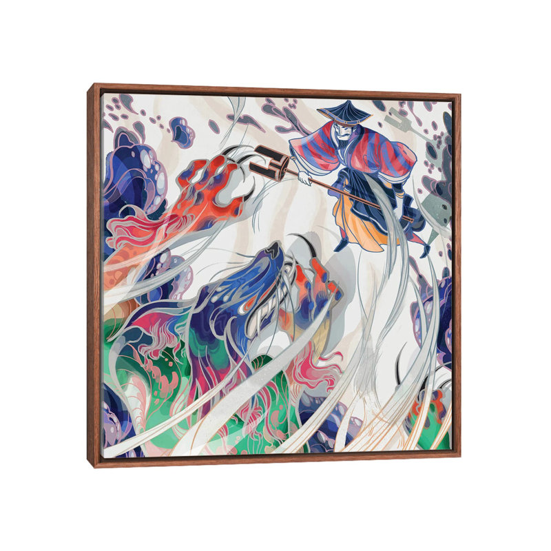 " Water Beast " by Sija Hong, No Mat, Classic Brown Wood Framed Canvas, 18" H x 18" W x 1.5" D