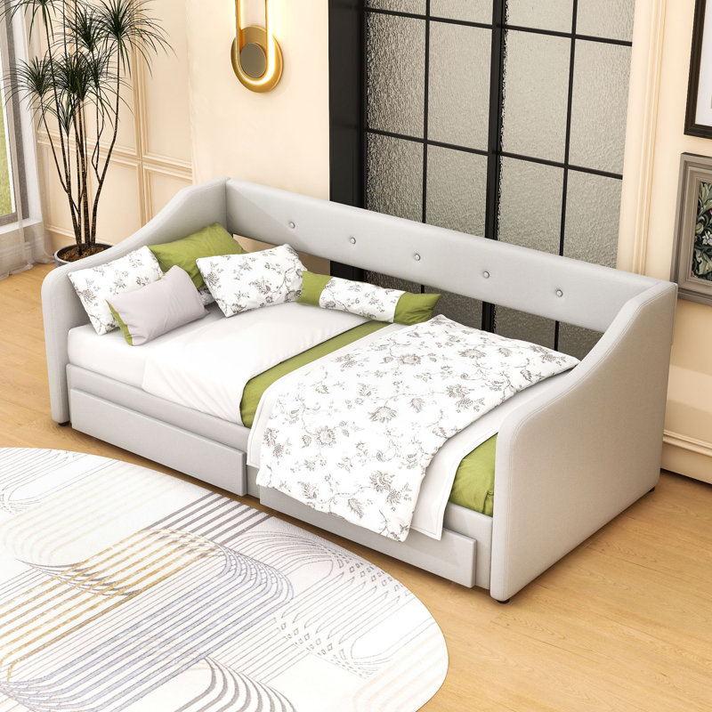 Allenhurst Twin XL to King Size Linen Upholstered Daybed with Storage Drawers, Beige