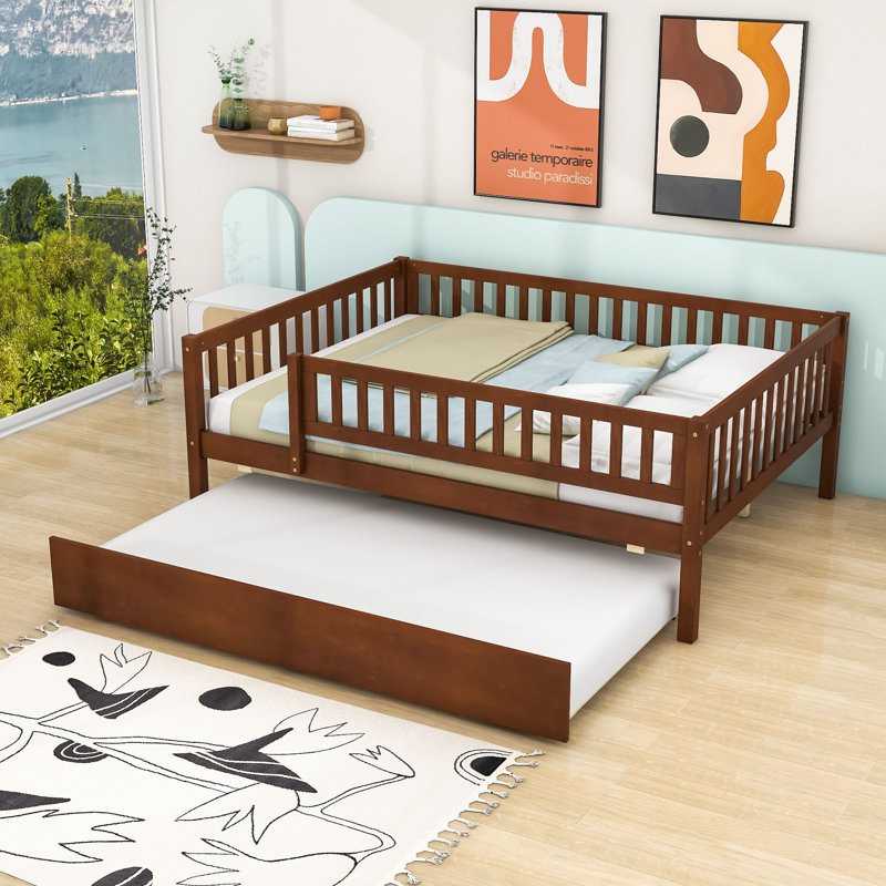 Wood Daybed with Twin Trundle and Guardrails, Full/Double, Walnut