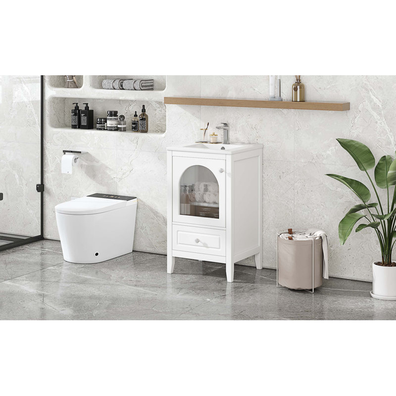 White 20" Freestanding Bathroom Vanity with Ceramic Sink and Glass Door